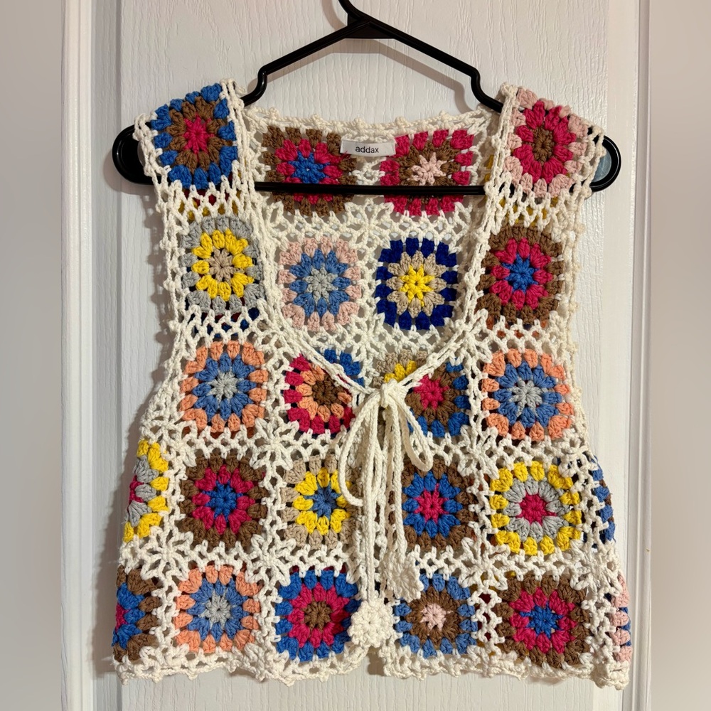 Addax Handmade Knitted Crochet Granny Square Floral Boho Hippie Colourful Vest